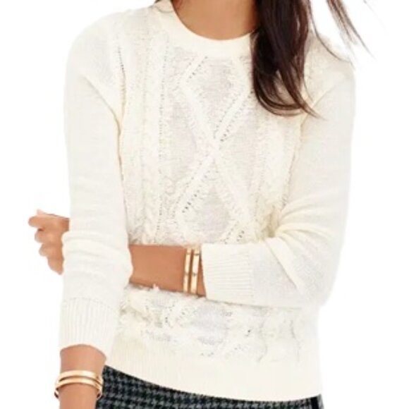 NEW-XXS- J. Crew Cable Crewneck Sweater with Fringe